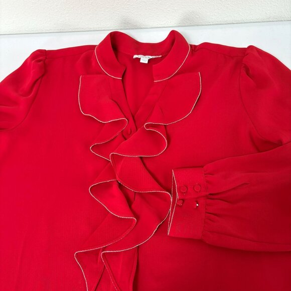 Chicos Ruffle Front Button Up Blouse Size 2 US 12 Red V Neck Sparkle Trim Top - Picture 4 of 12